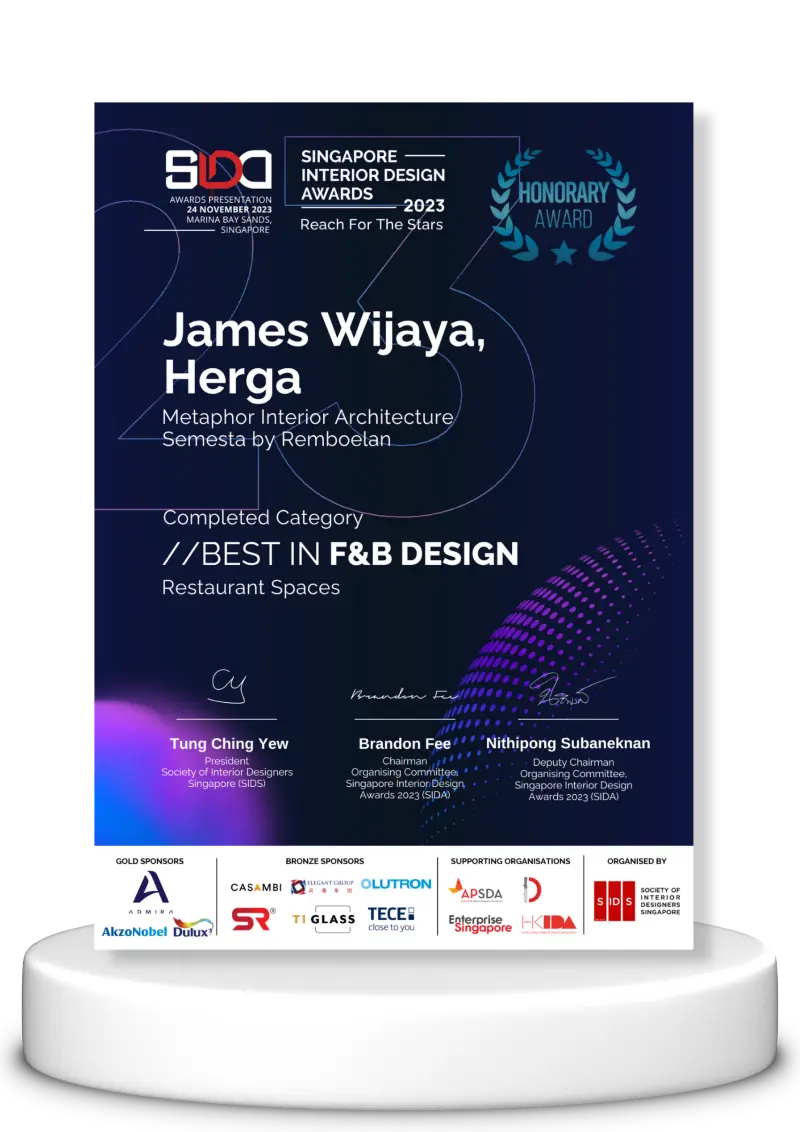 Best in F&B Design Restaurant Spaces (Completed Category) by Singapore Interior Design Awards 2023