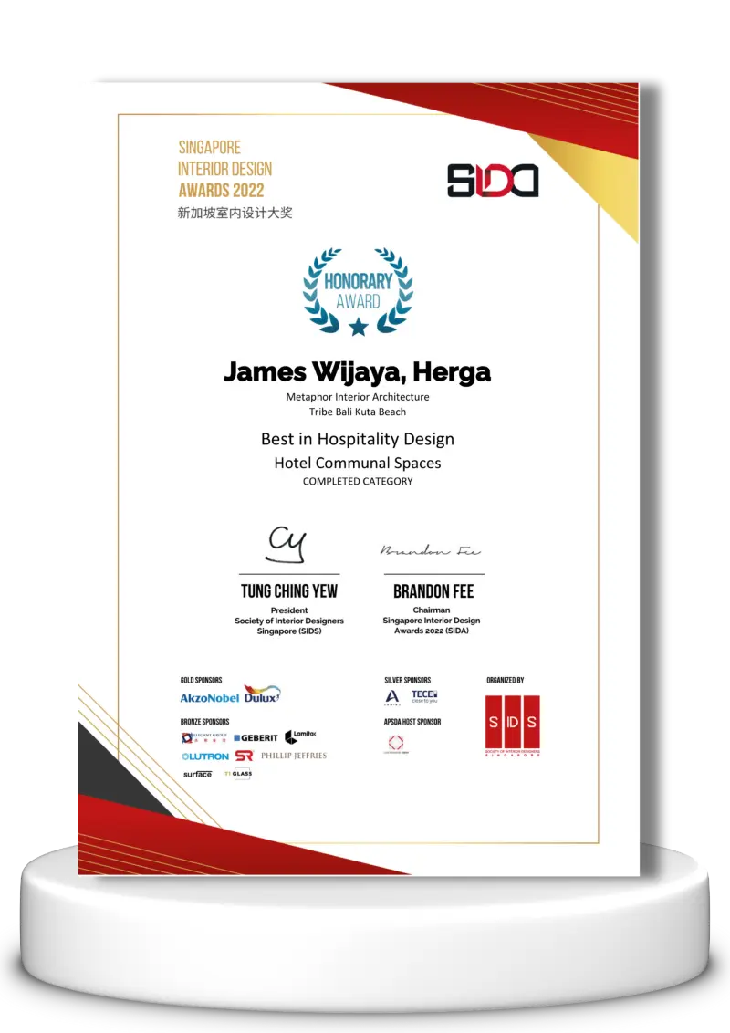 Best in Hospitality Design Hotel Communal Spaces Completed Category by Singapore Interior Design Awards 2022