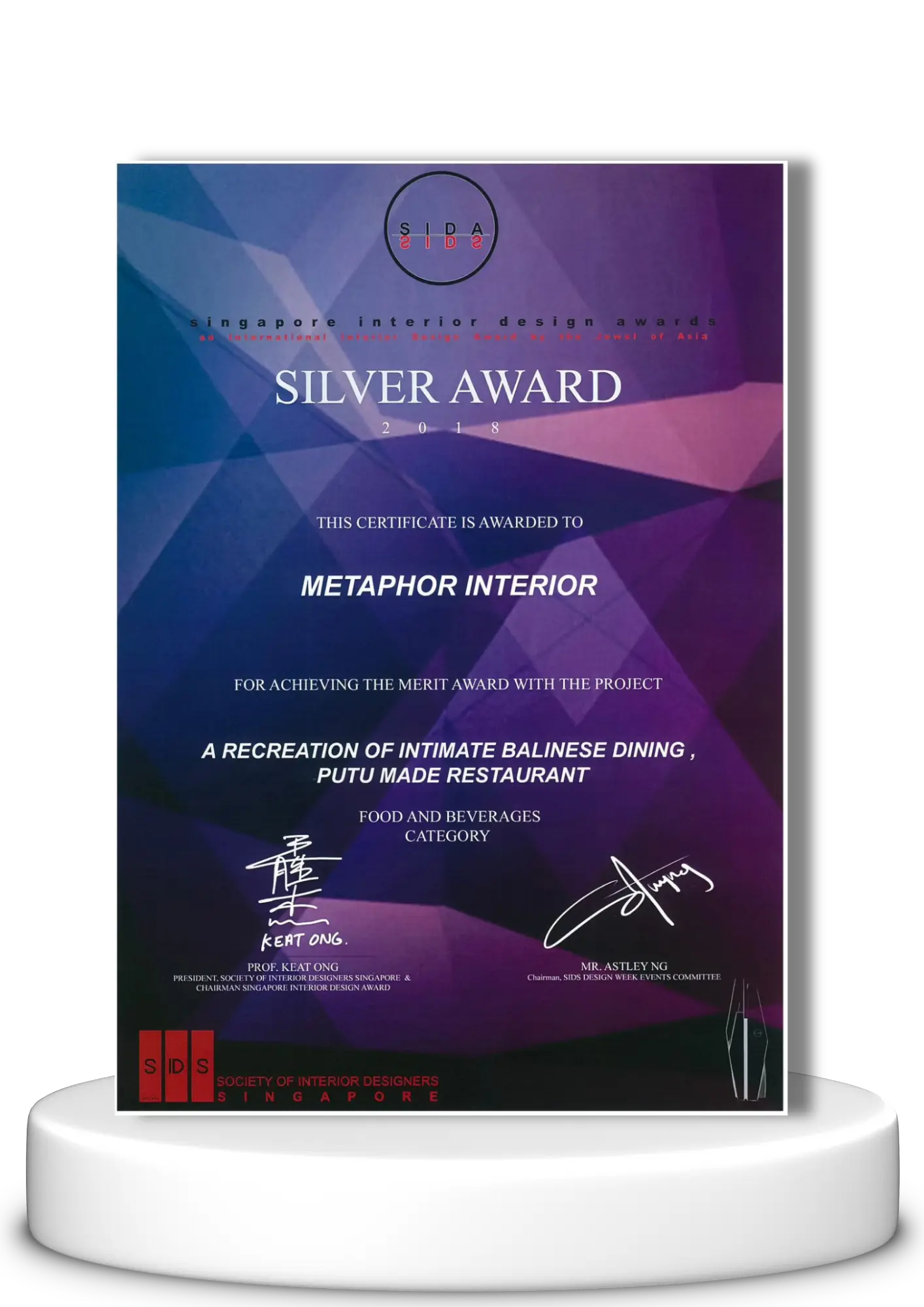 Silver Award F&B Category by Singapore Interior Design Awards year 2018